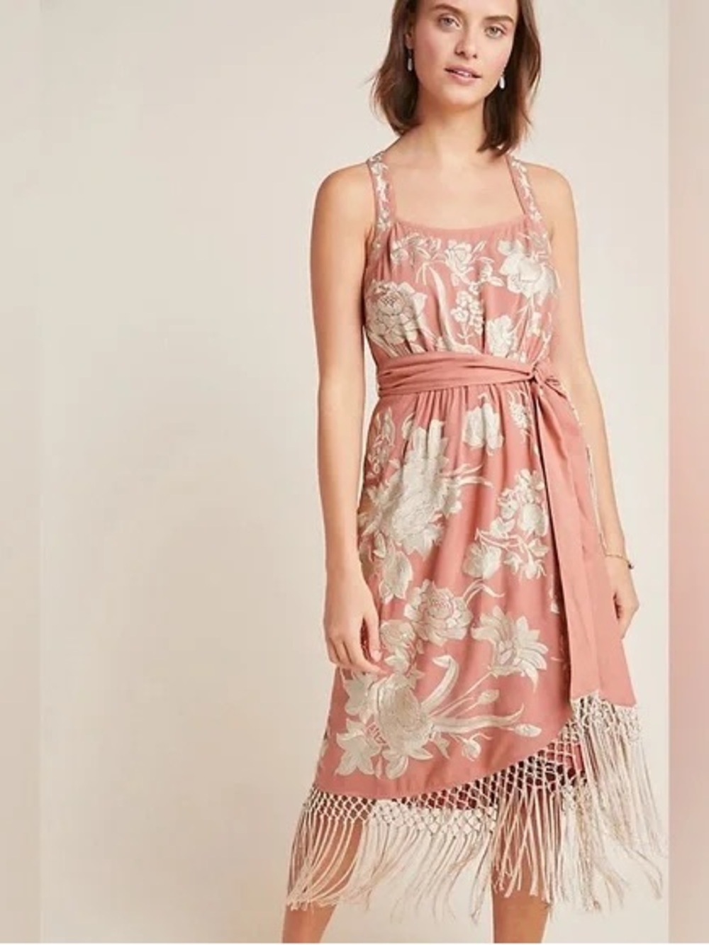 Anthropologie Lucille Blush Embroidered 20s Style Fringe Dress Women’s 0 Party